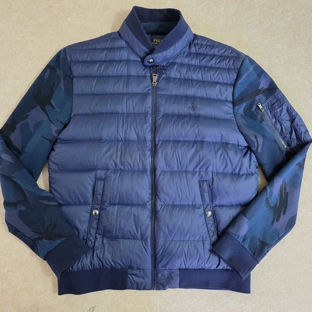 Polo Ralph Lauren Down Hybrid Jacket Sz M Blue Camo Logo Quilt Preppy Old Money